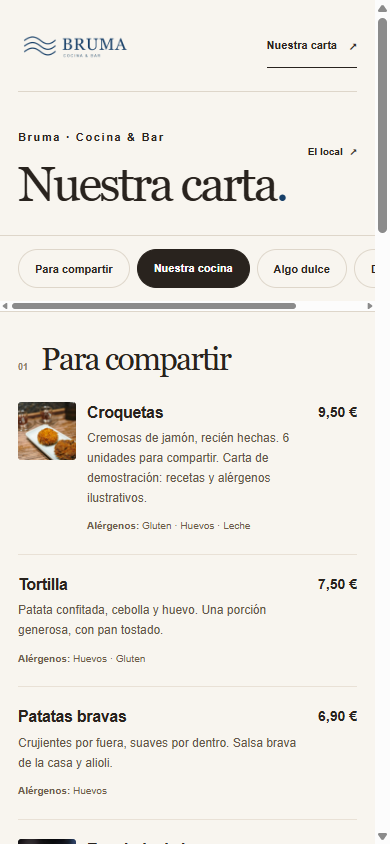 Carta móvil real del establecimiento ficticio Bruma, con platos y precios de ejemplo.