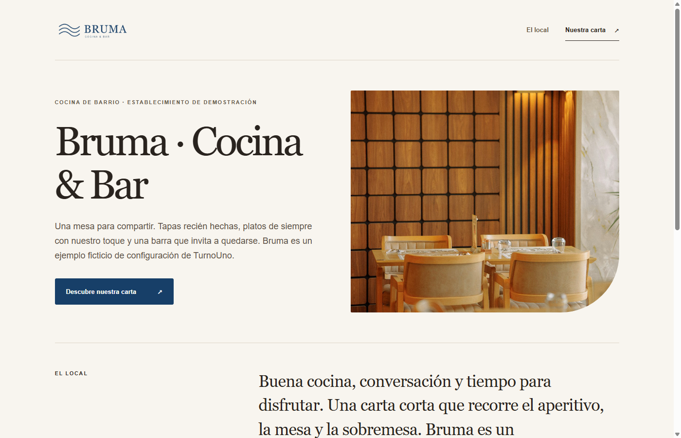 Web real creada con TurnoUno para el establecimiento ficticio Bruma.