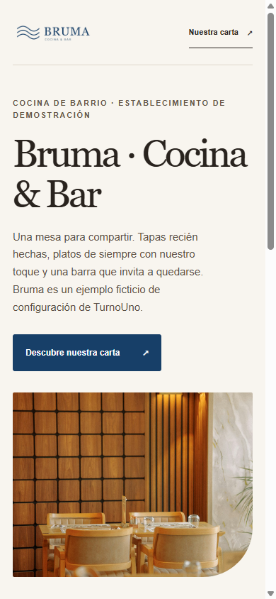 Vista móvil de la web de Bruma, establecimiento ficticio de demostración.